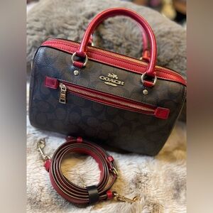 Coach Rowan Satchel in Signature Canvas brown and red colorway (Retail $398)